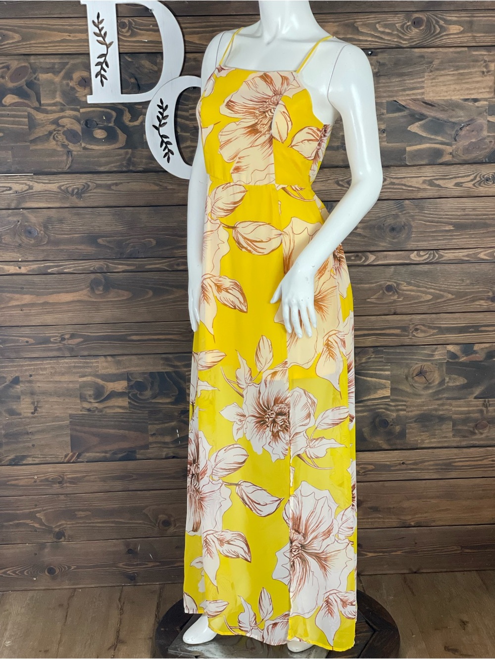 Polagram | Sunshine Floral Yellow Maxi Dress Square Neckline Double Slit Sheer